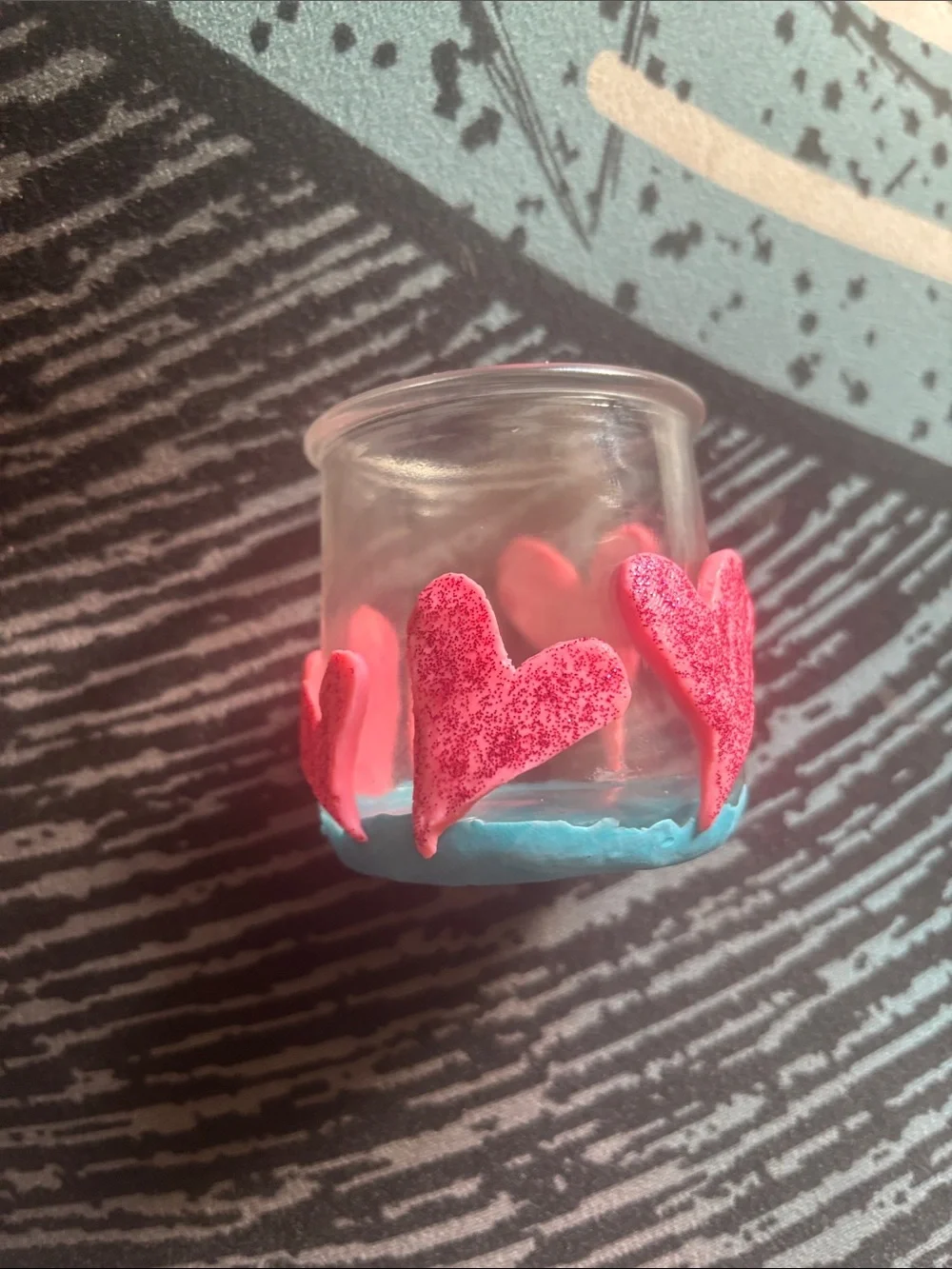 Handcrafted Clay Covered Glass Holder with Pink Heart Accents
